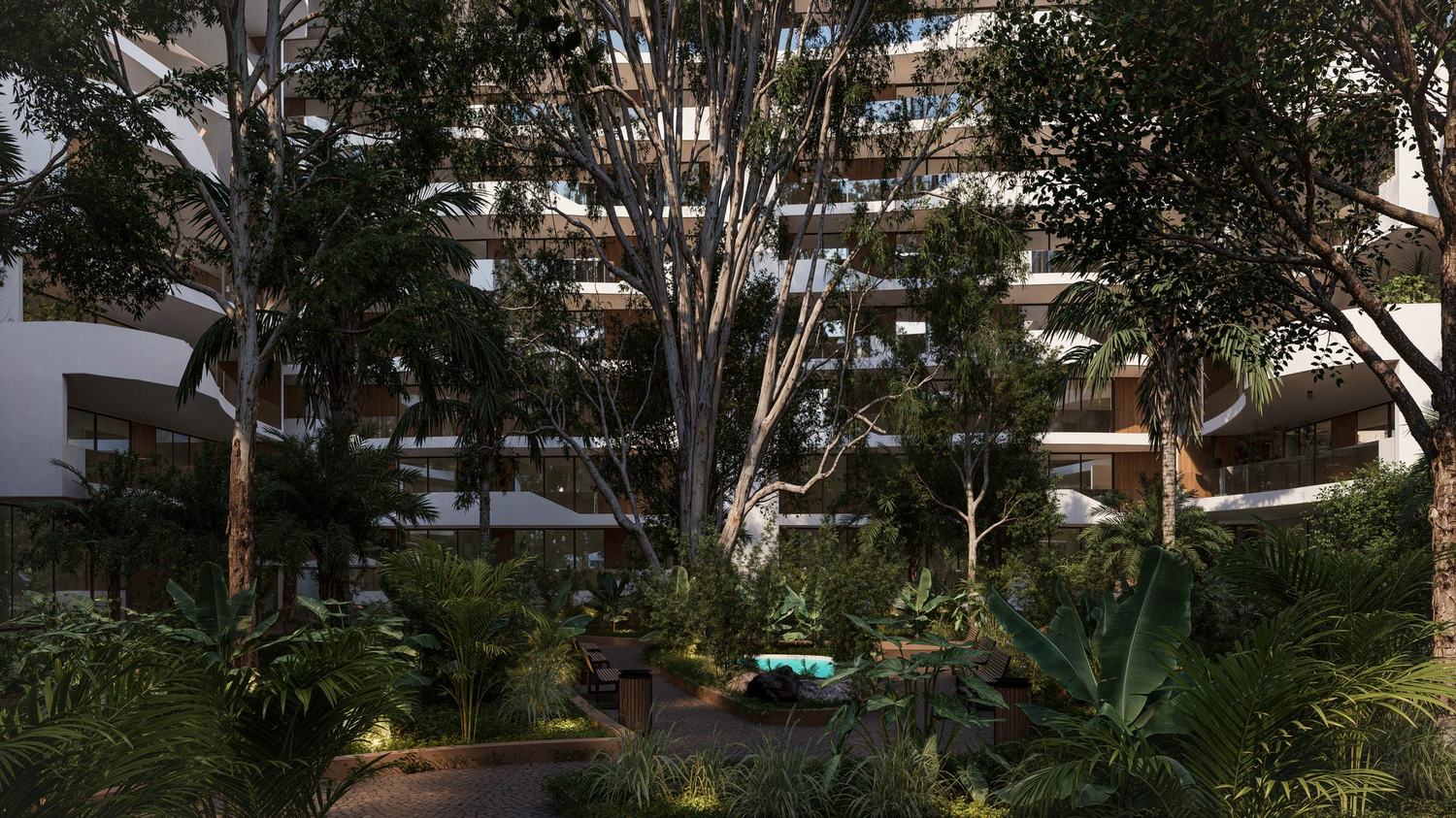 Peponi 7 — courtyard beneath mature eucalyptus