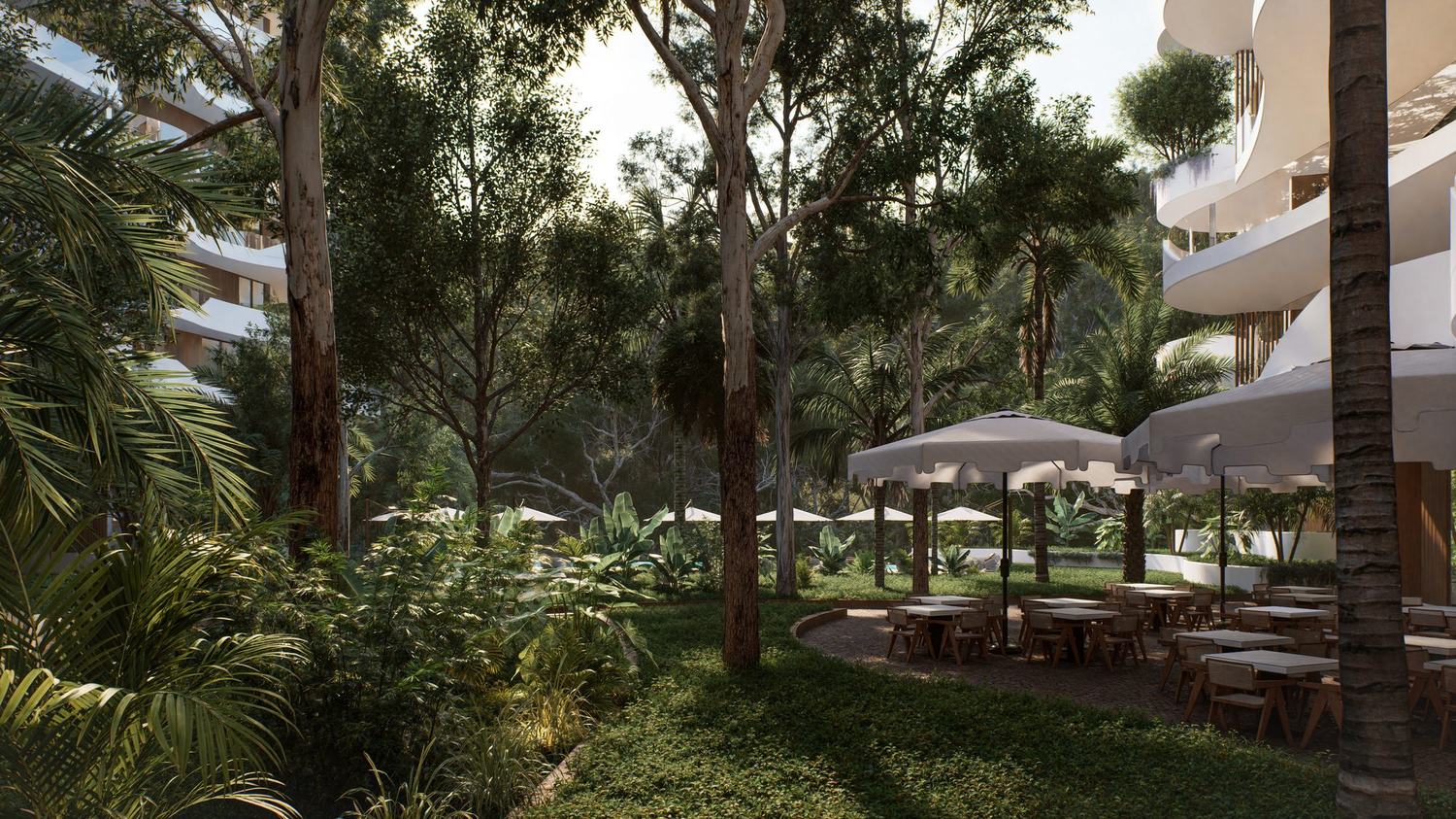 Peponi 7 — garden dining beneath the eucalyptus