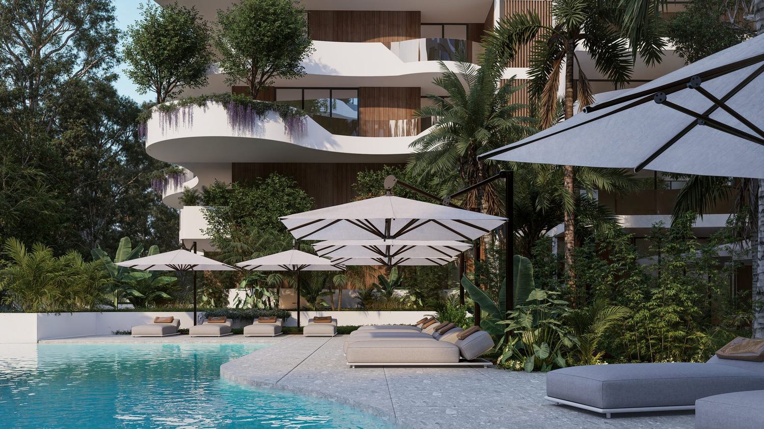 Peponi 7 — poolside at eye level with wisteria on the balcony edge